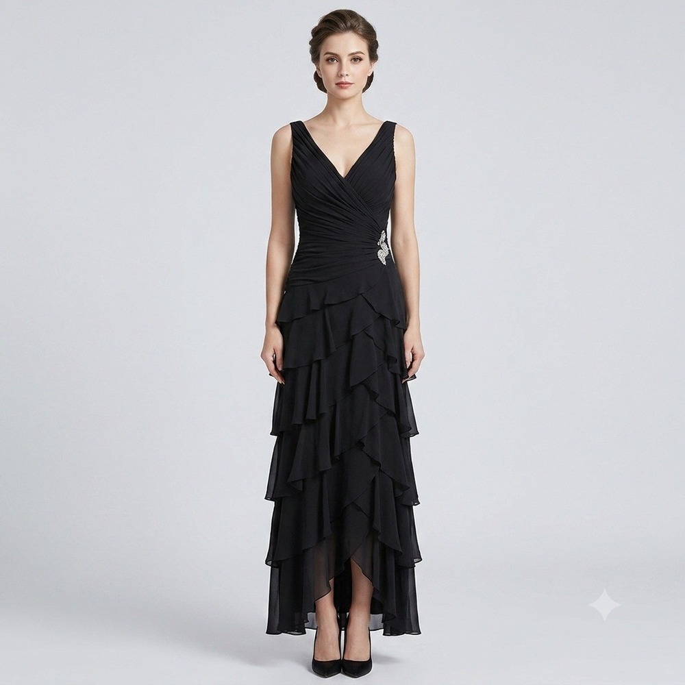 Tadashi Gown 100% Silk Black Tiered Ruffle Ruched Rhinestone Evening Dress Sz 4